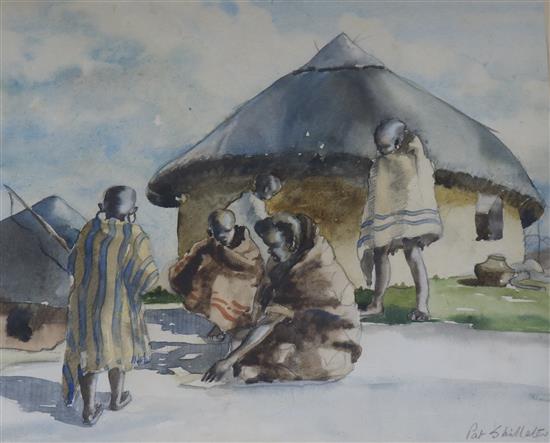 Pat Skilleter, pencil and watercolour, Africans beside hut, signed 30 x 35cm